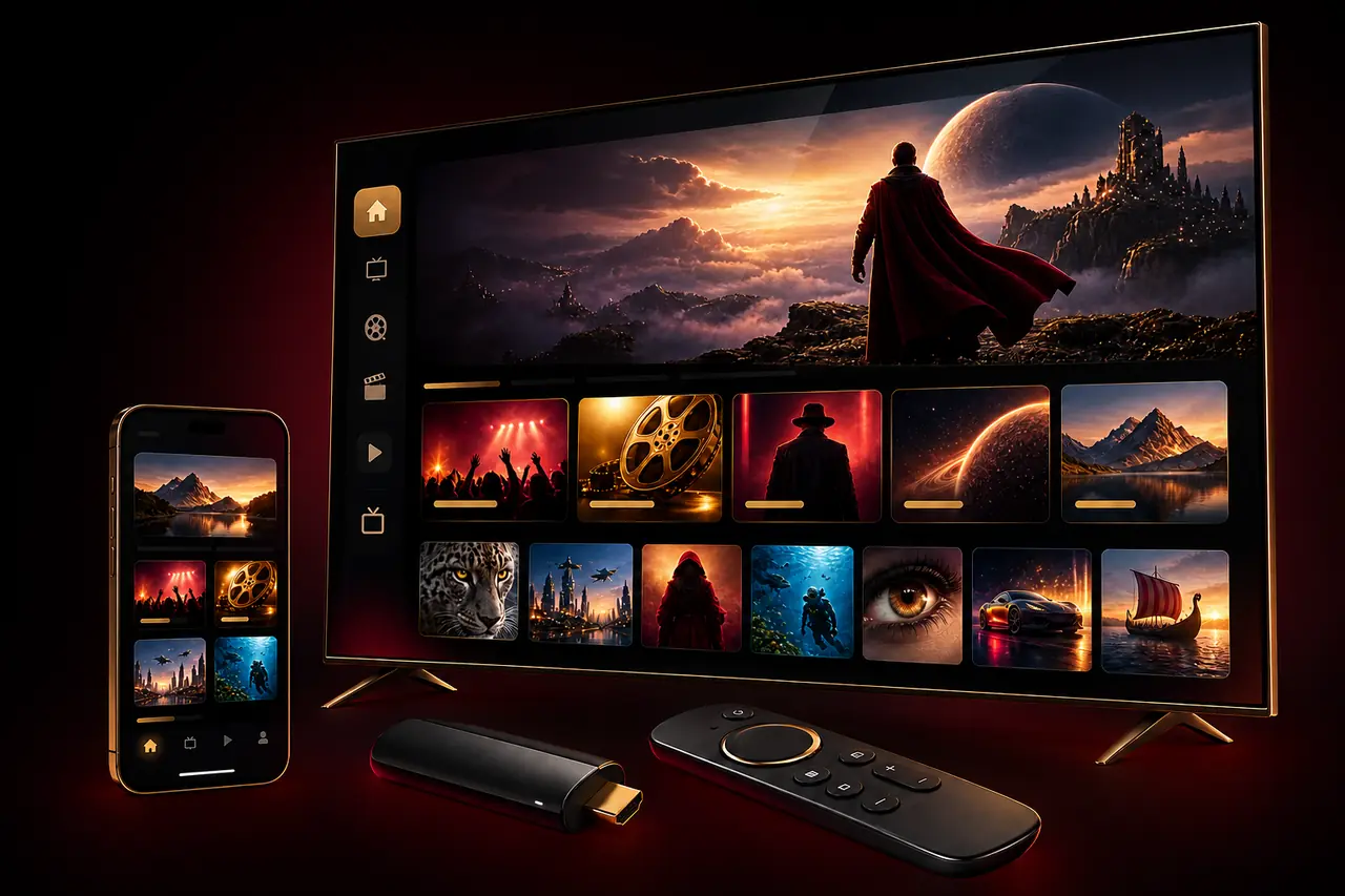 KingReShare IPTV interface on television, smartphone, streaming stick and remote control